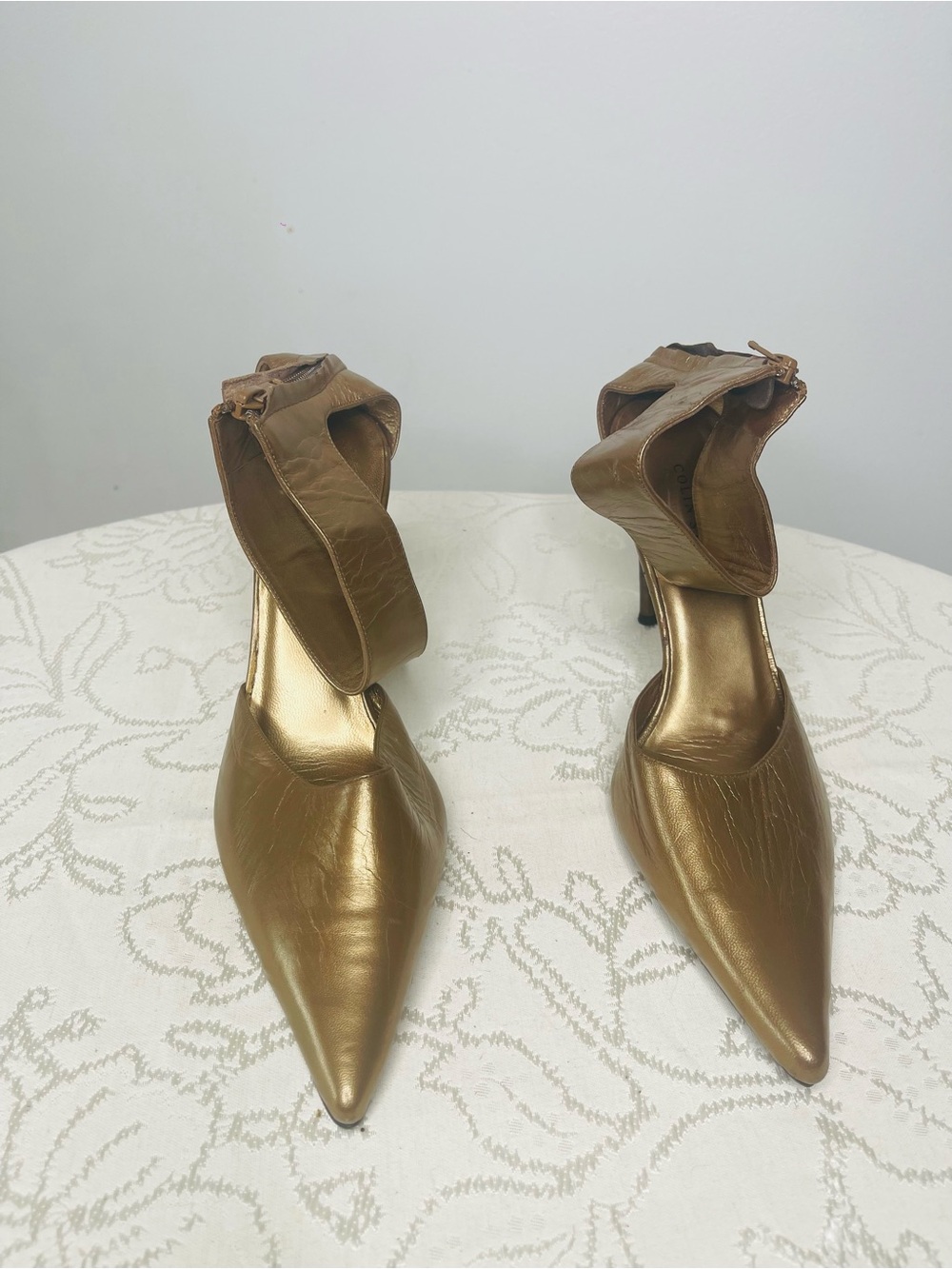 Colin Stuart Metallic Gold Pointed-Toe Ankle-Strap Heels